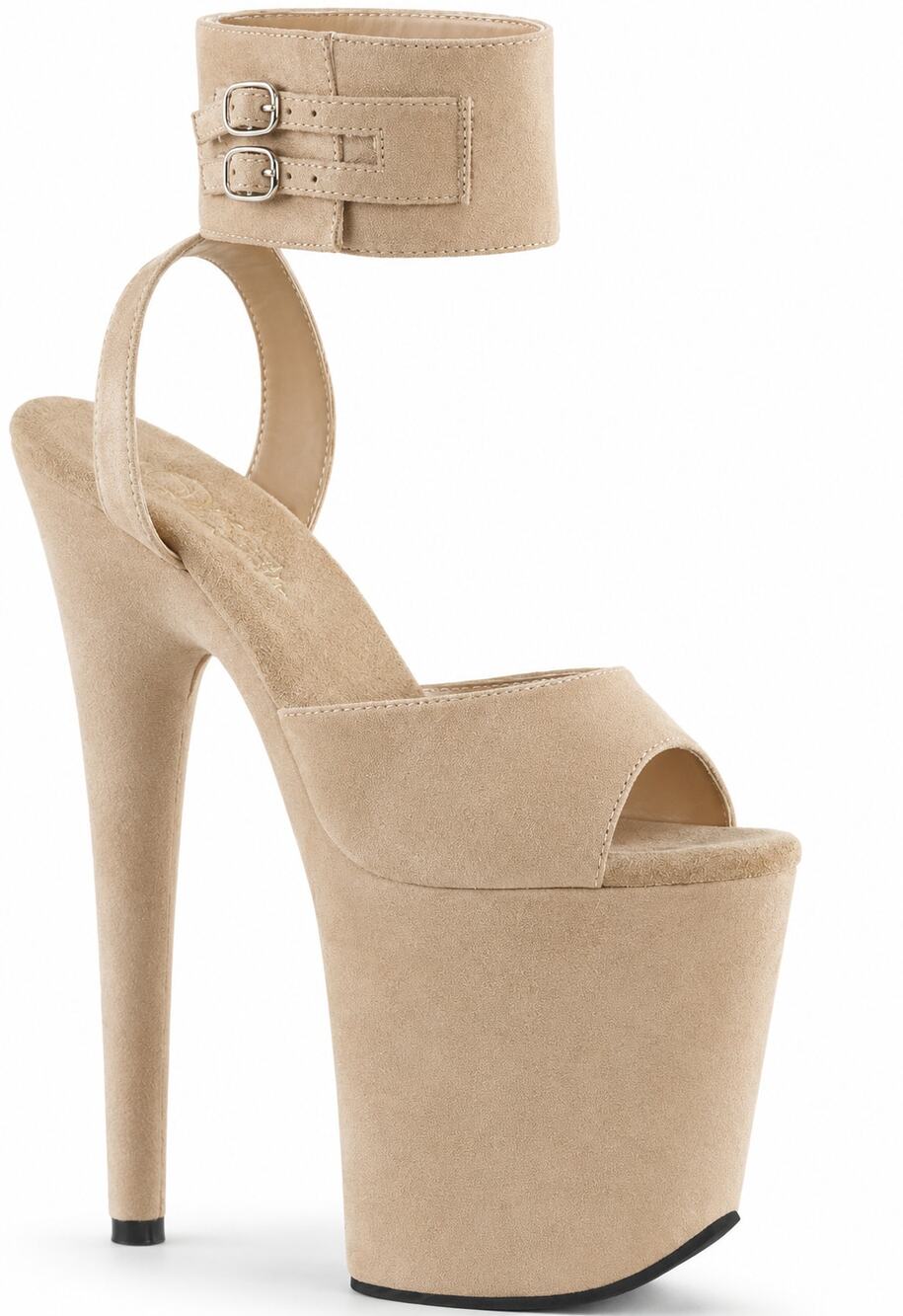 Pleaser FLAMINGO-891 8" Heel, 4" Platform Ankle Strap Beige Faux Suede Sandal 7